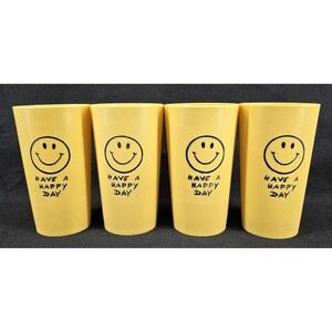 Set of 4 Vtg "Have A Happy Day" 70's Smiley Face Tumblers Cups Yellow Plastic